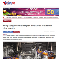Hong Kong becomes largest investor of Vietnam in nine months